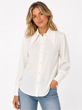 Vintage 70s Koret of California White Polyester Big Collar Disco Blouse Retro